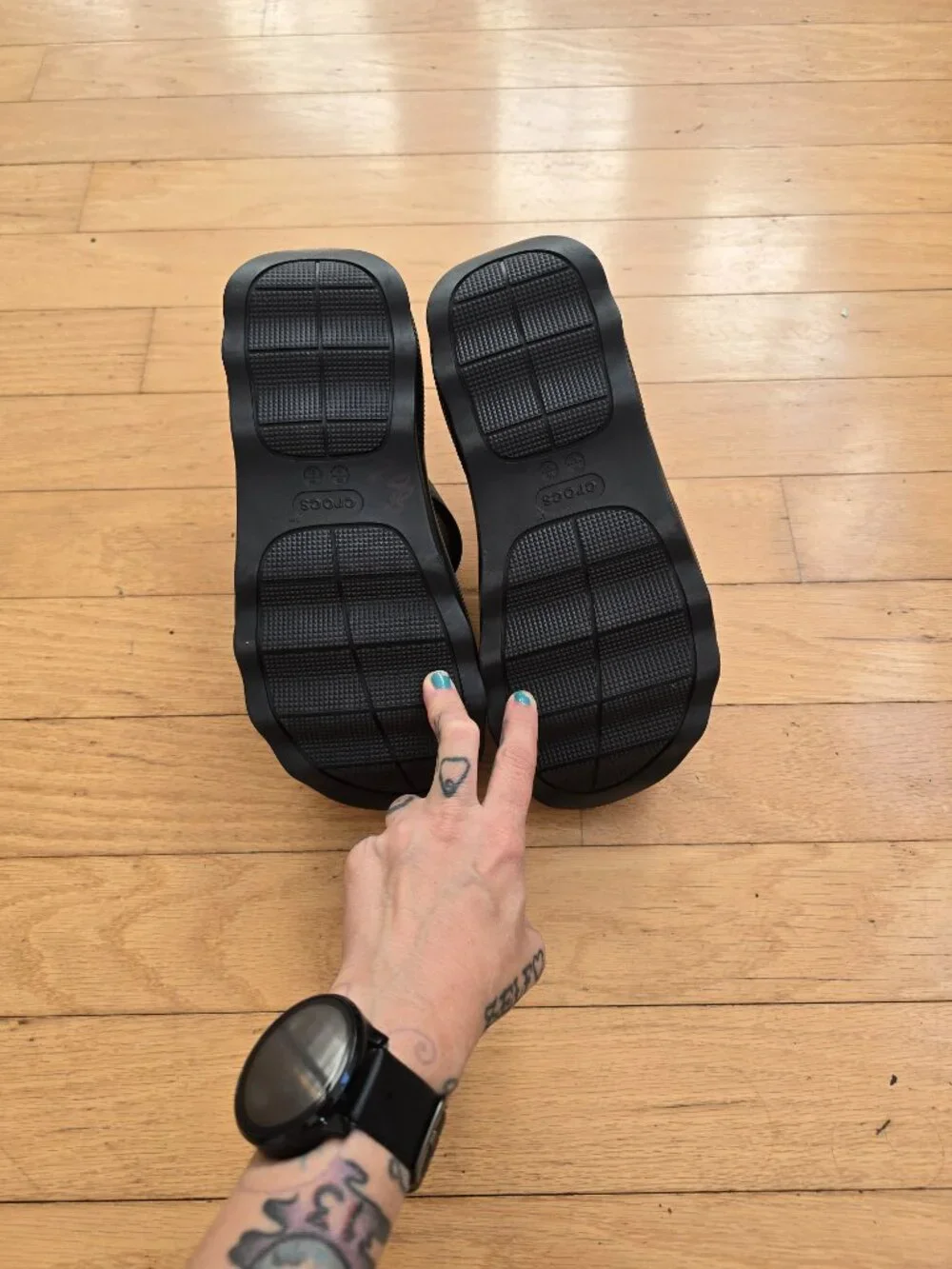 Crocs | Mega Crush Triple Strap Black Gold Platform Sandals | WMS 10